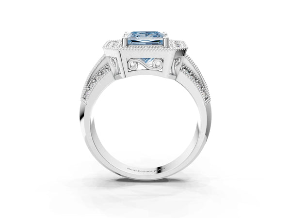 Silver Fancy Blue Princess Cut Halo Diamond Engagement Ring with Pave Split Shank and Four-Prong Setting