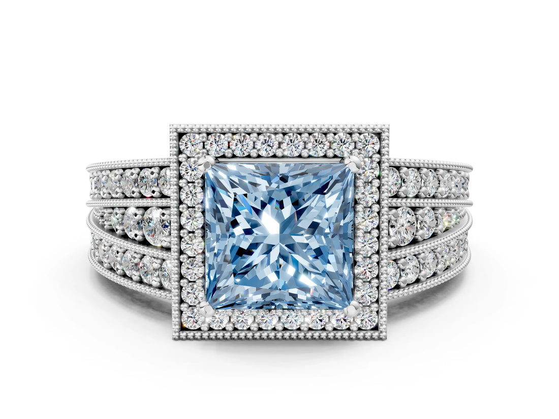Silver Fancy Blue Princess Cut Halo Diamond Split Shank Ring with Prong Setting_12