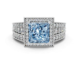 Silver Fancy Blue Princess Cut Halo Diamond Split Shank Ring with Prong Setting_12