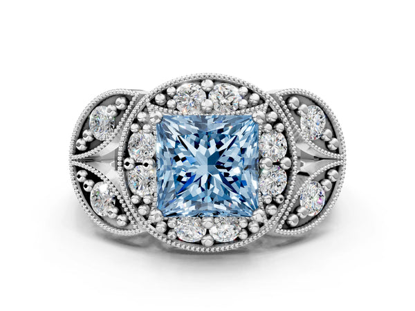 Silver Fancy Blue Princess Cut Halo Milgrain Diamond Engagement Ring with Leaf Band and Four-Prong Setting