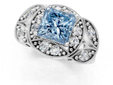 Silver Fancy Blue Princess Cut Halo Milgrain Diamond Engagement Ring with Leaf Band and Four-Prong Setting_13