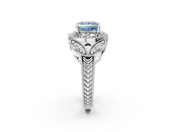 Silver Fancy Blue Princess Cut Halo Milgrain Diamond Engagement Ring with Leaf Band and Four-Prong Setting