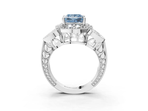 Silver Fancy Blue Princess Cut Halo Milgrain Diamond Engagement Ring with Leaf Band and Four-Prong Setting