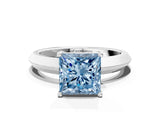 Silver Fancy Blue Princess  Cut Solitaire Engagement Ring with Flat Band and Four-Prong Setting 2