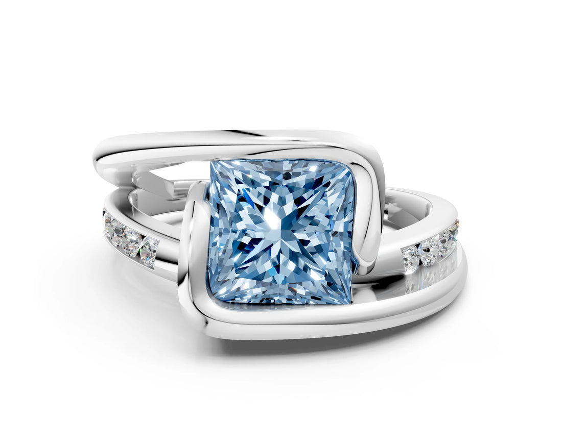 Silver Fancy Blue Princess Cut Solitaire Tension-Set Diamond Split Shank Ring_6