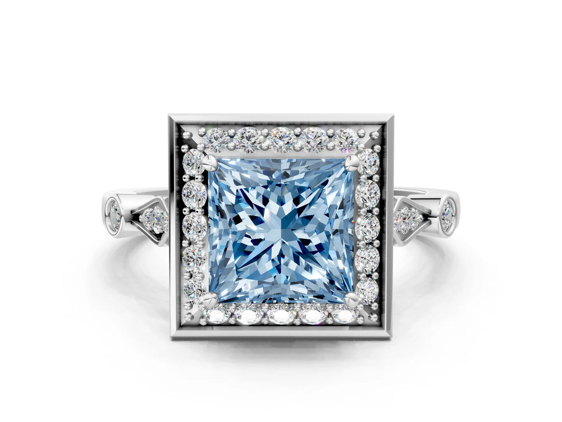 Silver Fancy Blue Princess  Halo Diamond Engagement Ring with Twisted Band and Four-Prong Setting