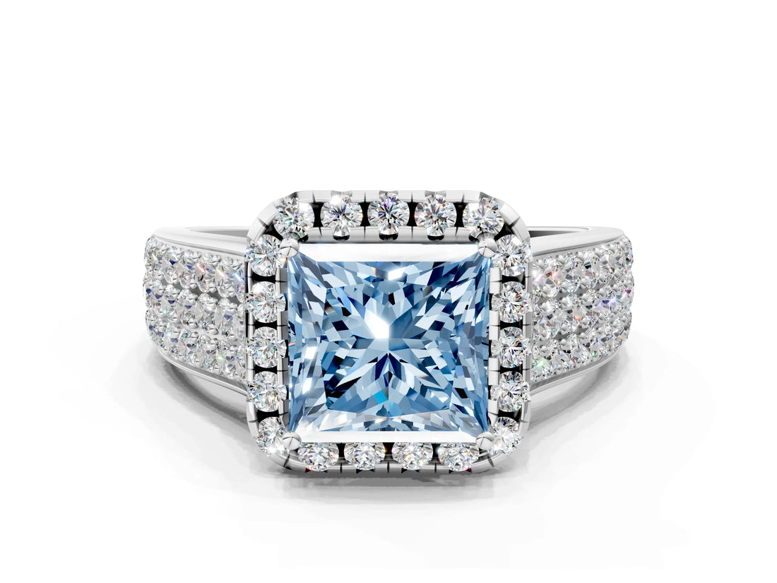 Silver Fancy Blue Princess  Halo Round Diamond Pave Band with Prong Setting