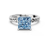Silver Fancy Blue Princess  Solitaire Diamond Engagement Ring with XO Engraved Band and Four-Prong Setting 1