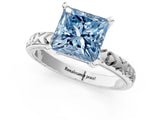 Silver Fancy Blue Princess  Solitaire Diamond Engagement Ring with XO Engraved Band and Four-Prong Setting 2