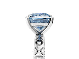 Silver Fancy Blue Princess  Solitaire Diamond Engagement Ring with XO Engraved Band and Four-Prong Setting