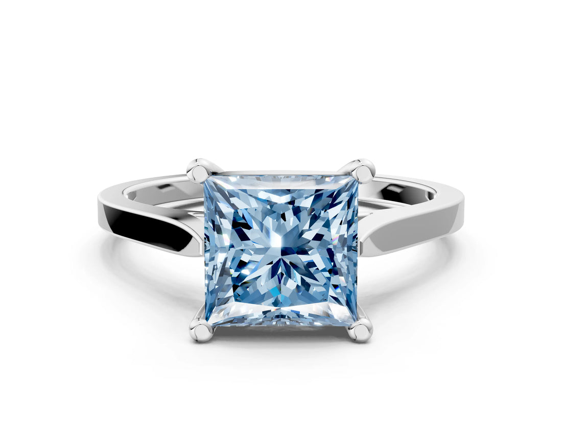 Silver Fancy Blue Princess  Solitaire Diamond Ring with Four-Prong Setting and Tapered Band 1