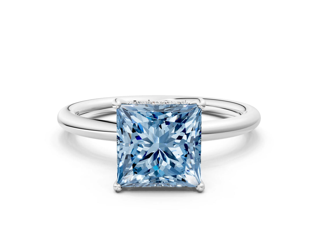 Silver Fancy Blue Princess  Solitaire Diamond Ring with a Classic Band and Four-Prong Setting 2