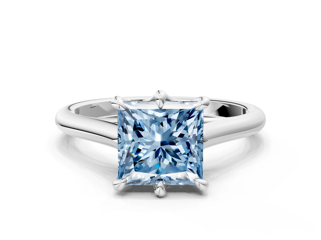 Silver Fancy Blue Princess  Solitaire Engagement Ring with Six-Prong Setting and Classic Band 1