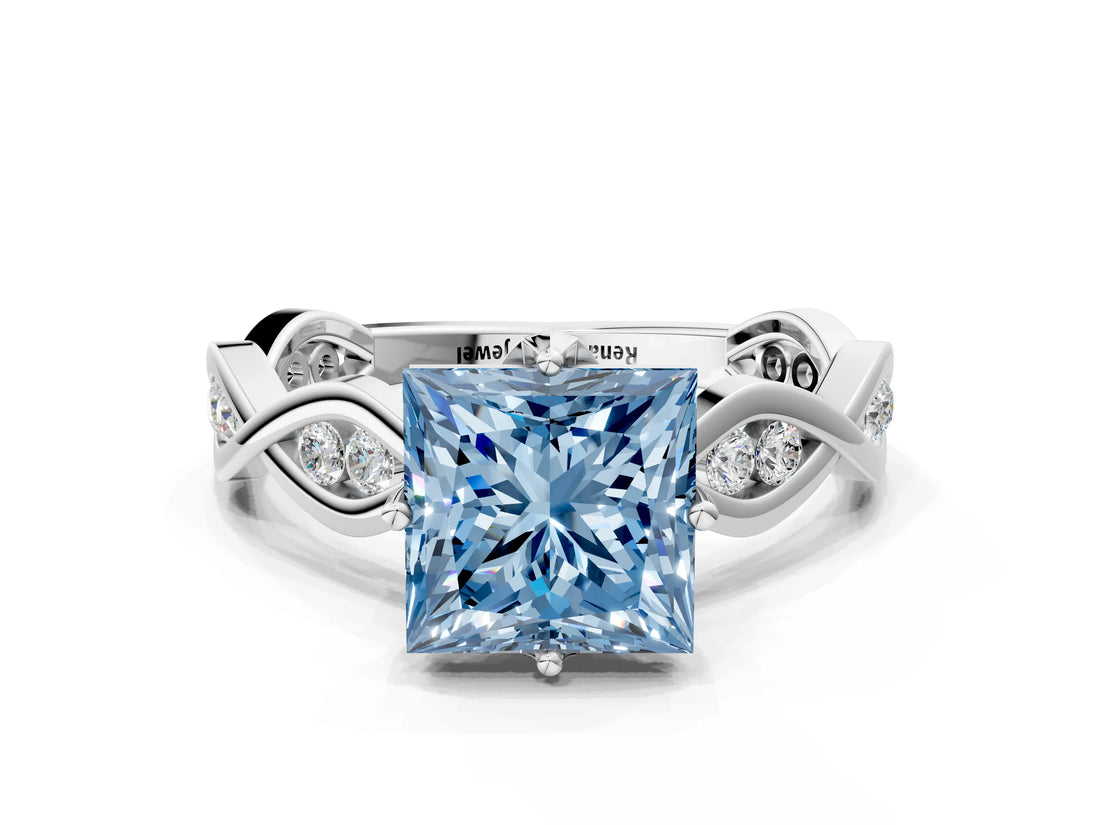 Silver Fancy Blue Princess  Solitaire Twist Band with Leaf Prong Setting
