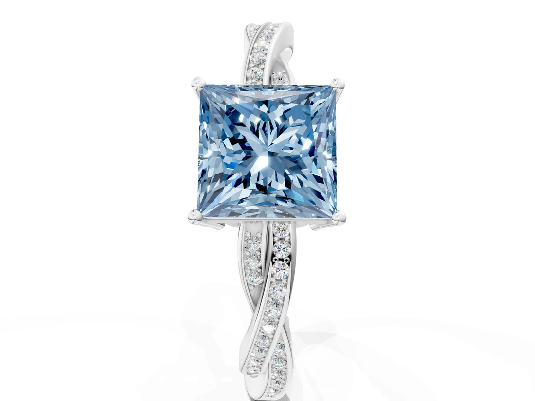 Silver Fancy Blue Princess  Solitaire Twisted Pave Diamond Ring with Four-Prong Setting