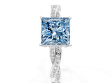Silver Fancy Blue Princess  Solitaire Twisted Pave Diamond Ring with Four-Prong Setting