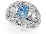 Silver Fancy Blue Radiant Cut Brilliant Halo Pave Diamond Milgrain Ring_7