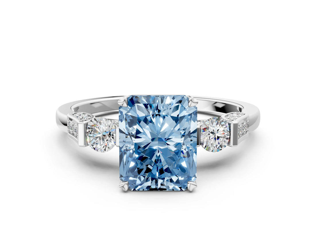 Silver Fancy Blue Radiant Cut Brilliant Three-Stone Pave Band with Four-Prong Setting_6