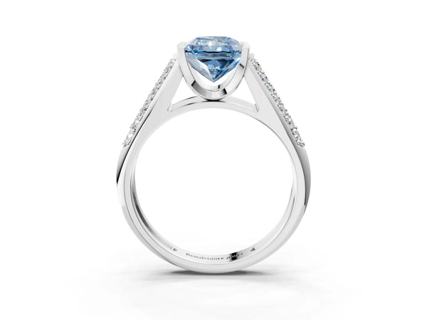 Silver Fancy Blue Radiant Cut Diamond Channel Set Pave Band with Tension Prong Setting