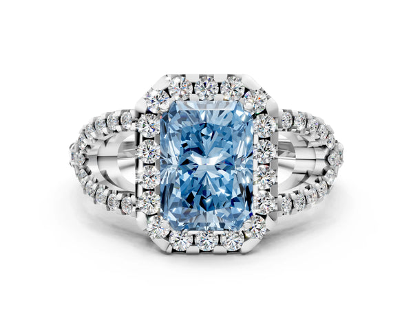 Sterling Silver Radiant Cut Split Shank Pave Halo Engagement Ring Setting for Fancy Blue Center