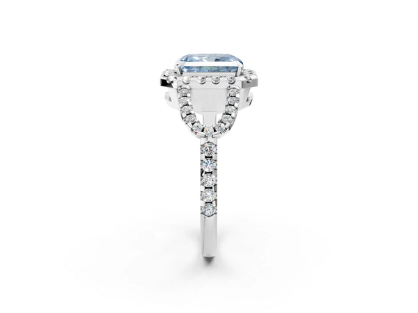 Sterling Silver Radiant Cut Split Shank Pave Halo Engagement Ring Setting for Fancy Blue Center