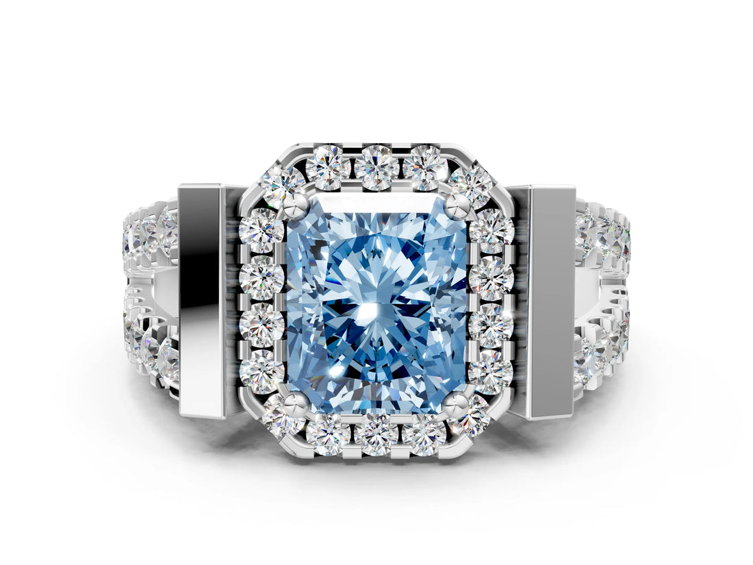 Silver Fancy Blue Radiant Cut Cut Halo Split Shank Prong Set Ring_6