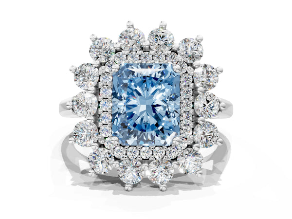 Sterling Silver Radiant Cut Floral Double Halo Engagement Ring Setting for Fancy Blue Center