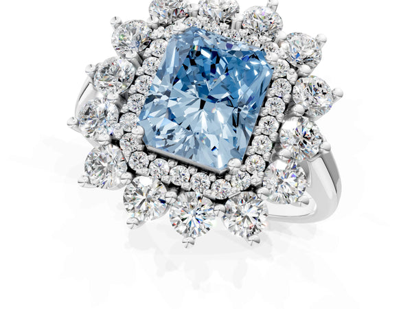 Sterling Silver Radiant Cut Floral Double Halo Engagement Ring Setting for Fancy Blue Center