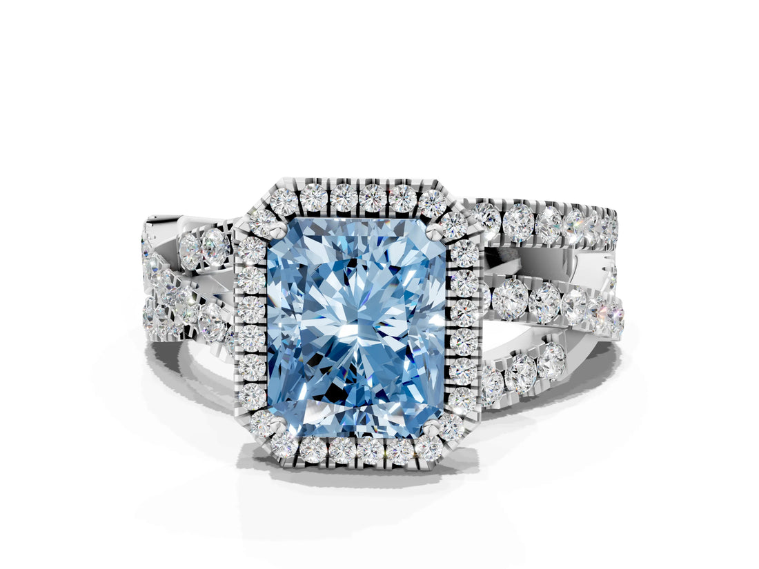 Silver Fancy Blue Radiant Cut Diamond Halo Ring with Round Split Shank and Prong Setting_12