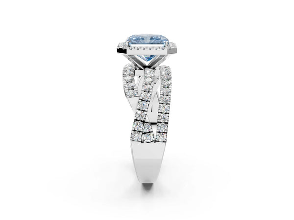 Sterling Silver Radiant Cut Halo Twist Engagement Ring Setting for Fancy Blue Center