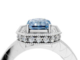 Silver Fancy Blue Radiant Cut Diamond Milgrain Halo Engagement Ring with Round Pavé Band and Prong Setting_16