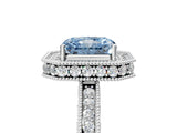 Silver Fancy Blue Radiant Cut Diamond Milgrain Halo Engagement Ring with Round Pavé Band and Prong Setting_17