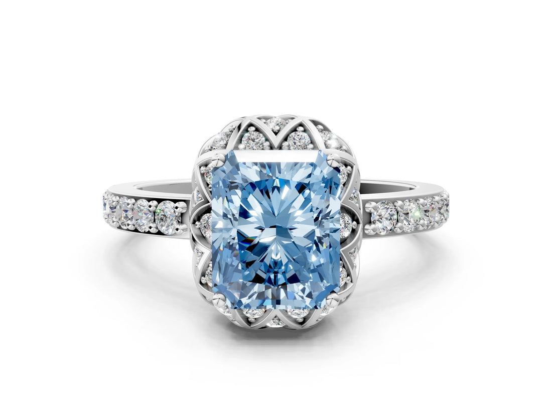 Silver Fancy Blue Radiant Cut Diamond Scalloped Halo Engagement Ring with Round Shared Prong Band