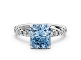 Silver Fancy Blue Radiant Cut Diamond Solitaire Pavé Engagement Ring with Round Band and Prong Setting_2