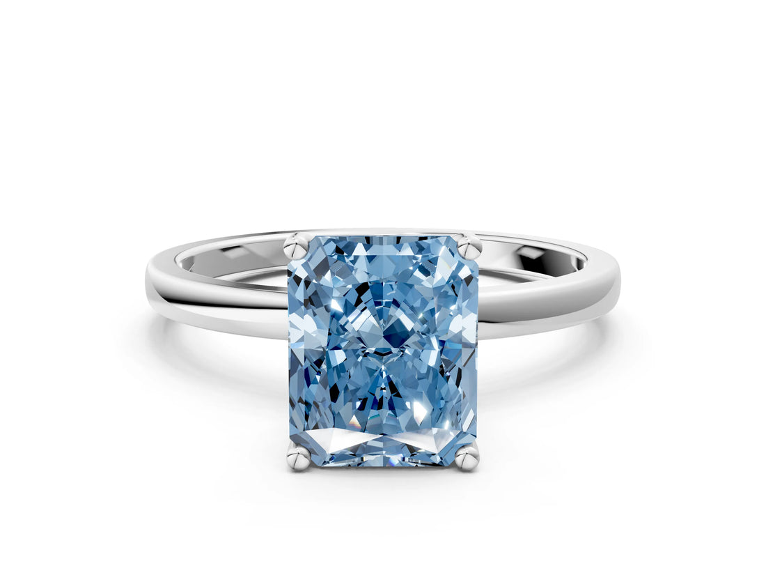 Silver Fancy Blue Radiant Cut Diamond Solitaire Ring with Classic Band and Four-Prong Setting_12