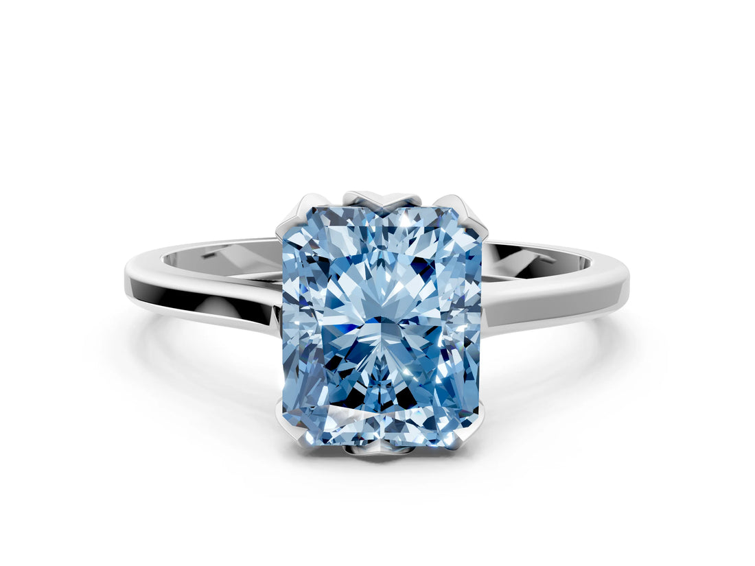 Silver Fancy Blue Radiant Cut Diamond Solitaire Ring with Flower Prong Setting and Classic Band_12