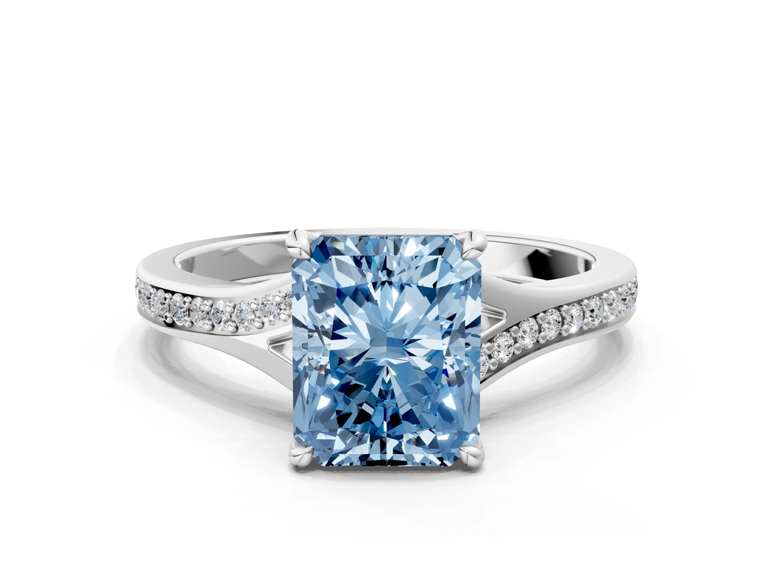 Silver Fancy Blue Radiant Cut Diamond Solitaire Ring with Pavé Band and Prong Setting_12