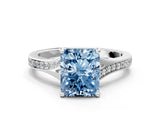 Silver Fancy Blue Radiant Cut Diamond Solitaire Ring with Pavé Band and Prong Setting_12