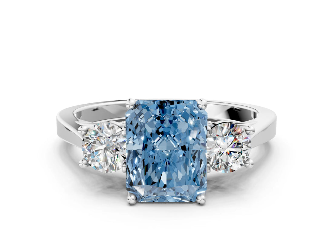 Silver Fancy Blue Radiant Cut Diamond Three-Stone Engagement Ring with Prong Setting and Pavé Band_6
