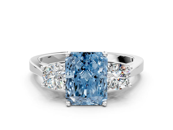 Silver Fancy Blue Radiant Cut Diamond Three-Stone Engagement Ring with Prong Setting and Pavé Band