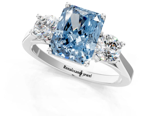 Silver Fancy Blue Radiant Cut Diamond Three-Stone Engagement Ring with Prong Setting and Pavé Band