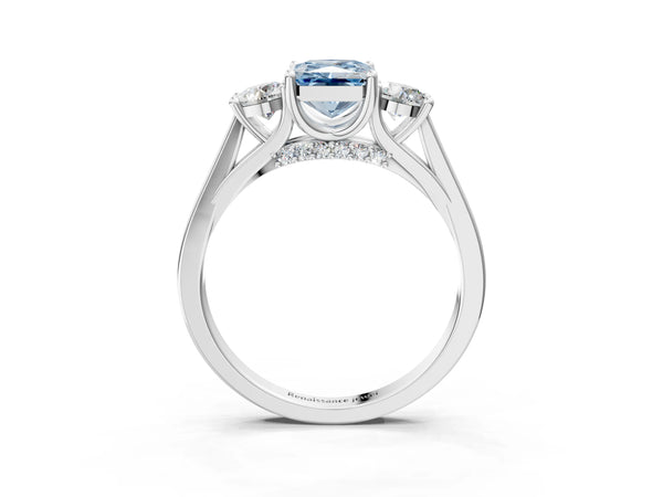 Silver Fancy Blue Radiant Cut Diamond Three-Stone Engagement Ring with Prong Setting and Pavé Band