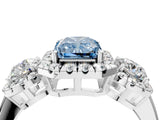 Silver Fancy Blue Radiant Cut Diamond Three-Stone Halo Ring with Prong Setting and Pavé Accents_10