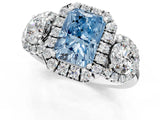 Silver Fancy Blue Radiant Cut Diamond Three-Stone Halo Ring with Prong Setting and Pavé Accents_7