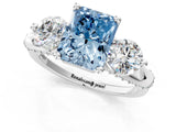 Silver Fancy Blue Radiant Cut Diamond Three-Stone Ring with Prong Setting and Pavé Band_7
