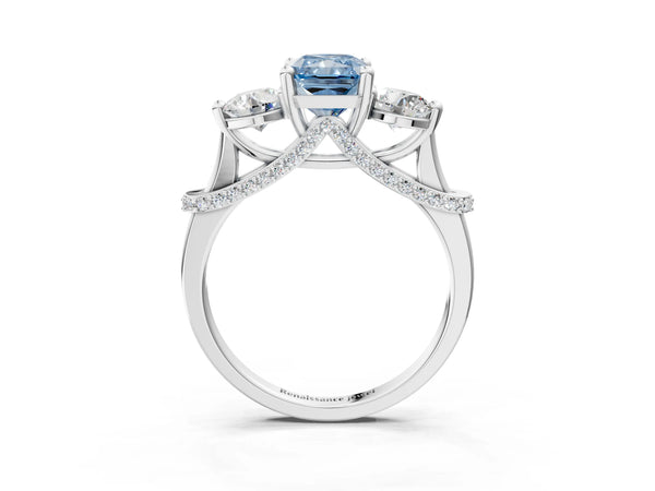 Sterling Silver Radiant Cut Curved Pave Three Stone Engagement Ring Setting for Fancy Blue Center