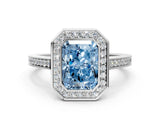 Silver Fancy Blue Radiant Cut Halo Bezel Diamond Pave Band Ring_6