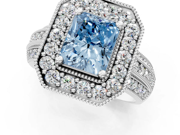 Silver Fancy Blue Radiant Cut Halo Diamond Engagement Ring with Pave Split Shank and Four-Prong Setting
