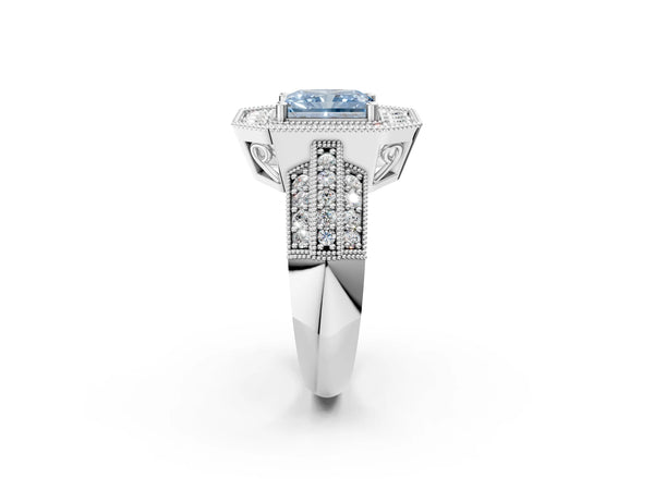 Silver Fancy Blue Radiant Cut Halo Diamond Engagement Ring with Pave Split Shank and Four-Prong Setting