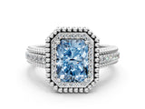 Silver Fancy Blue Radiant Cut Halo Diamond Ring with Beaded Split Shank and Four-Prong Setting_6